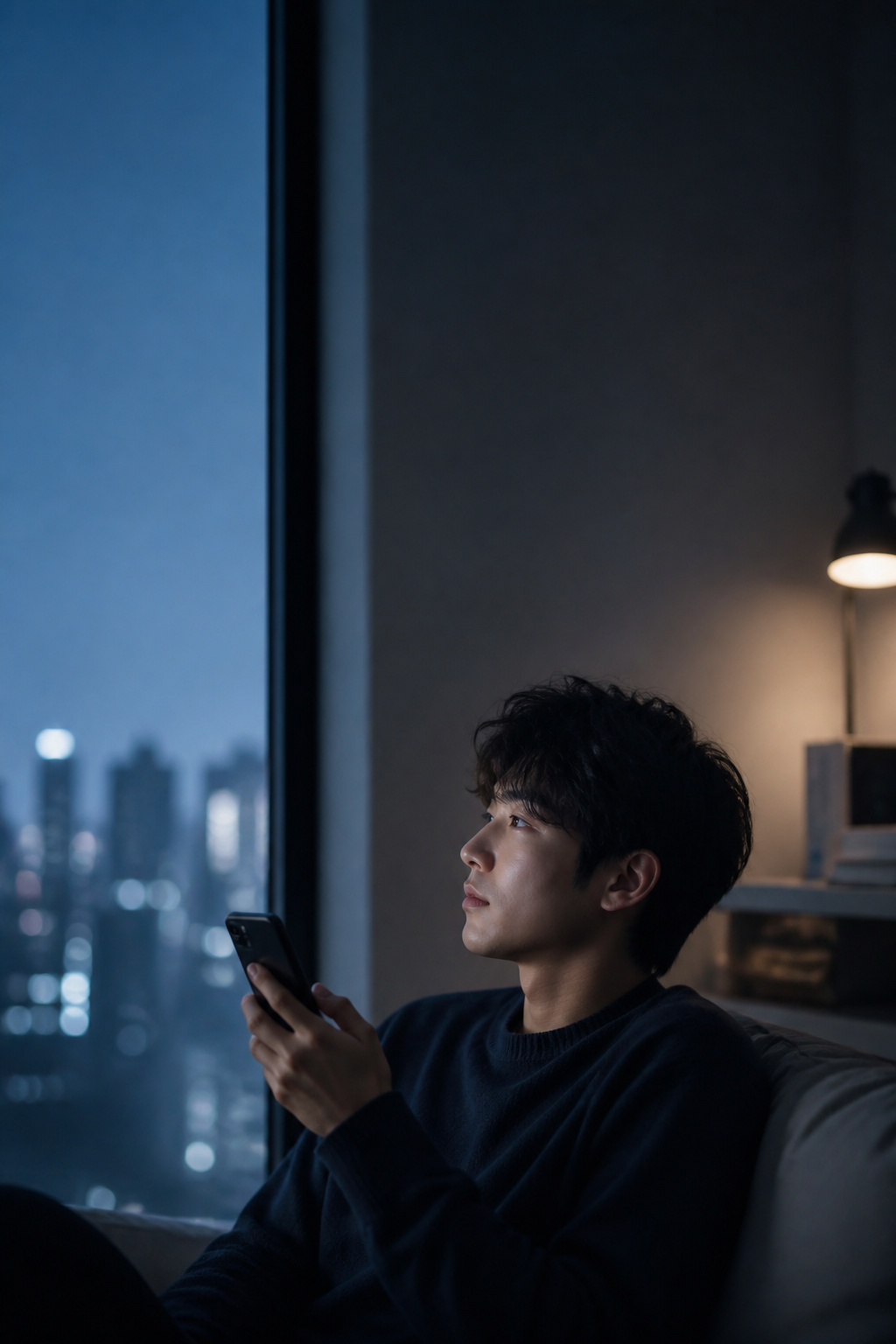 夜晚坐在窗边,正拿着手机思考如何回复消息的人